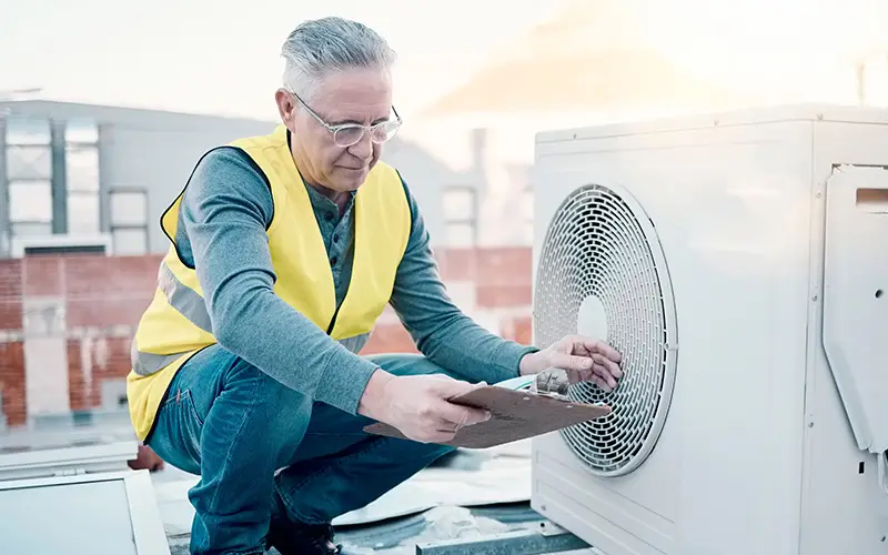 Service Man with clip board checking the airflow of an exhaust fan
